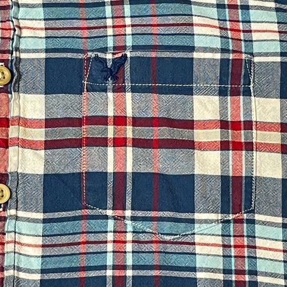 American Eagle Men’s Size L Slim Fit Short Sleeve Button Down Red White Blue - Picture 5 of 7
